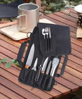 Durable Knife Bag With Protective Pouch Multipurpose Oxford storage case open showing knives and cutlery on a wooden table