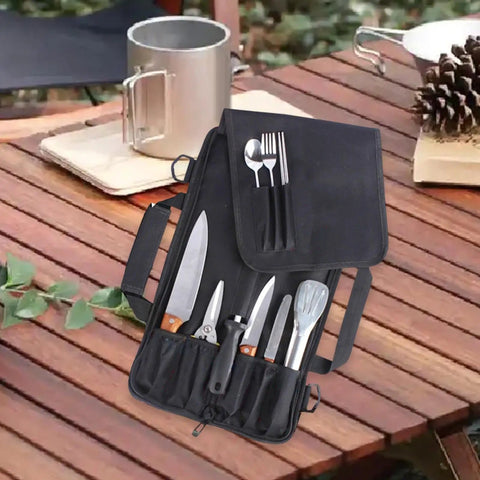 Durable Knife Bag With Protective Pouch Multipurpose Oxford storage case open showing knives and cutlery on a wooden table