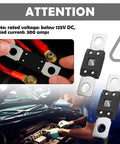 Top Shelf 300 Amp Mega Fuse Bolt On Kit For Cars Trucks And Rv With Instant Short Circuit Breaker, showing 300A fuse with red cables.