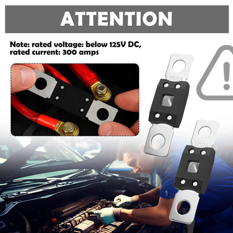 Top Shelf 300 Amp Mega Fuse Bolt On Kit For Cars Trucks And Rv With Instant Short Circuit Breaker, showing 300A fuse with red cables.
