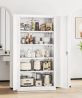 Tough As Nails Heavy Duty Steel Closet 72 Inch Tall Lockable Storage Cabinet With Four Adjustable Shelves For Garage Workshop Or Home Office Top Shelf White Metal Cupboard with kitchen items inside.