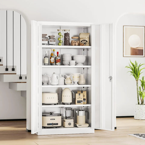 Tough As Nails Heavy Duty Steel Closet 72 Inch Tall Lockable Storage Cabinet With Four Adjustable Shelves For Garage Workshop Or Home Office Top Shelf White Metal Cupboard with kitchen items inside.