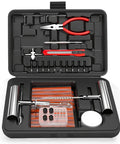 Heavy Duty 70 Piece Tubeless Tire Repair Kit With T Handle Puller And Rubber Plugs open case showing tools and components for tire repair.