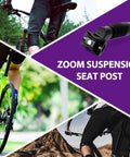 Collage showing Coil Spring Suspension Seatpost 27.2 X 350 Mm With Adjustable Clamp for E Bikes MTB and BMX in various cycling scenes