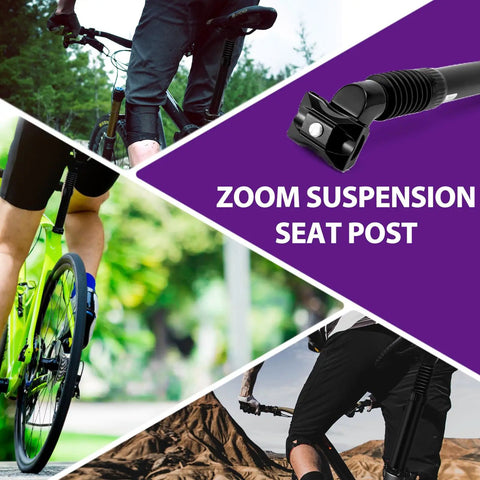 Collage showing Coil Spring Suspension Seatpost 27.2 X 350 Mm With Adjustable Clamp for E Bikes MTB and BMX in various cycling scenes