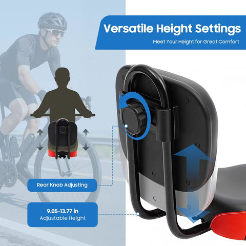Wide Bike Seat With Backrest For Ride Ready Comfort On Trikes And Bicycles, Extra Wide Universal Fit With Adjustable Height, Durable Poly Foam And Steel Construction, Waterproof And Rugged, Ideal Seat Upgrade For Exercise Bikes And Everyday Rides. Rear knob adjustable height 9.05-13.77 in.