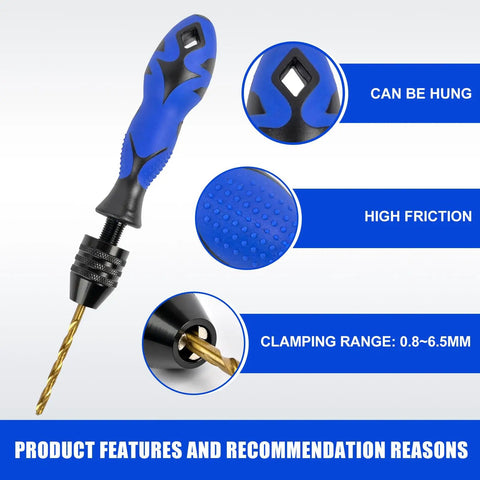 Adjustable Pin Vise Hand Drill Kit With 13 Pcs HSS Drill Bits 0.8mm to 6.5mm, close-up of ergonomic handle and features