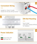 Solid 25 Amp Miniature Circuit Breaker For Solar Systems 120V 240V 2 Pole DIN Rail Mount MCB With Thermal Magnetic Trip RV Battery Isolator And PV System Protection CE Certified showing connection, DIN rail, and power indication