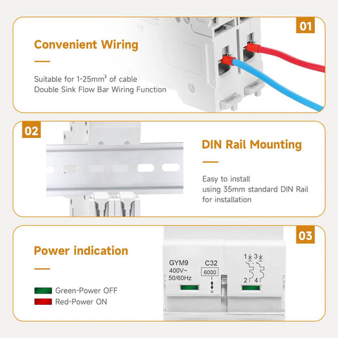 Solid 25 Amp Miniature Circuit Breaker For Solar Systems 120V 240V 2 Pole DIN Rail Mount MCB With Thermal Magnetic Trip RV Battery Isolator And PV System Protection CE Certified showing connection, DIN rail, and power indication