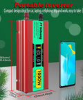 1000 Watt Power Inverter 12V Dc To 120V Ac Converter For Cars Trucks Rvs Camper Vans, portable red design with display next to smartphone.