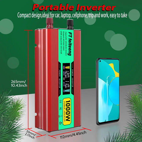 1000 Watt Power Inverter 12V Dc To 120V Ac Converter For Cars Trucks Rvs Camper Vans, portable red design with display next to smartphone.