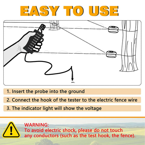 Electric Fence Voltage Tester For Farm Pro 12KV Portable Fence Testing Tool with hook probe, 8 lights, hand-held use
