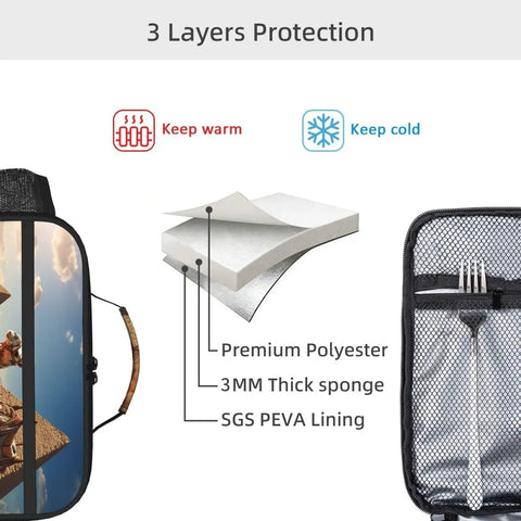 Camel Desert Insulated Lunch Box With Detachable Handle showing 3-layer protection: polyester, sponge, PEVA lining diagram.