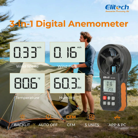 Pro Grade HVAC Anemometer With Bluetooth For Air Flow And Temperature Measurement, Real Time And Average Max Readings In CFM And CMM, Duct Traversing, System Balancing, Fume Hood Verification. 3-in-1 digital anemometer with handheld display