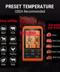 Wireless Meat Thermometer With Four Probes For Grilling And Smoking Up To 1000 Feet RF Remote BBQ Thermometer display showing meat preset temperatures