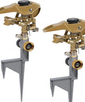 Two Pack Impact Sprinklers With Metal Step Spikes, Heavy Duty Zinc Alloy Lawn Sprinkler Heads On Spike Bases, Adjustable 360 Degree Coverage