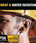 Worker wearing Heavy Duty USB C Earbuds For Jobsite With Microphone And Volume Control Rugged Corded Headphones, IP56 rated.