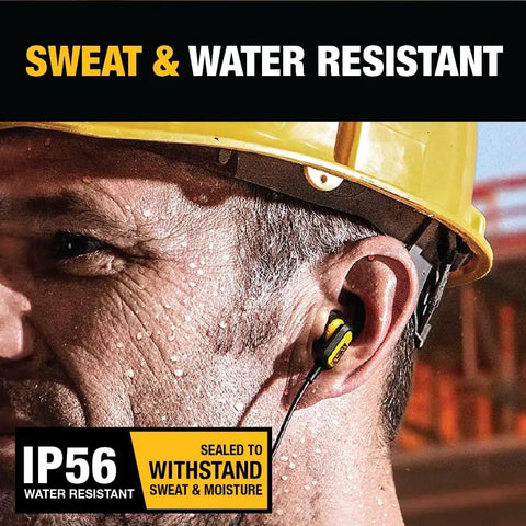 Worker wearing Heavy Duty USB C Earbuds For Jobsite With Microphone And Volume Control Rugged Corded Headphones, IP56 rated.
