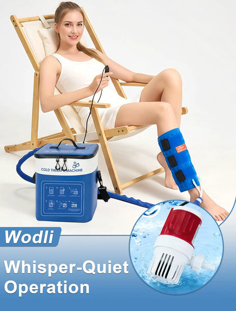 Person using Portable Leg Cold Therapy System For Calf And Shin Recovery After Surgery with 16 quart ice water unit in leisure chair