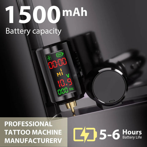 Wireless Tattoo Pen Kit With 2x 1600mAh Batteries showing digital display and battery capacity