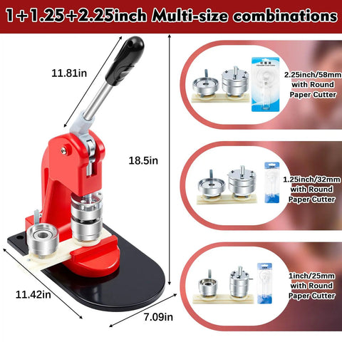 All In One Button Maker Kit With 25mm 32mm And 58mm Molds Interchangeable Press 300 Button Fittings Circle Cutter shown with mold sizes
