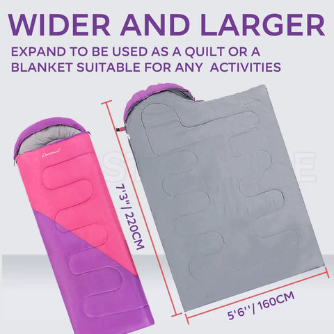 Ultralight Camping Sleeping Bag For Adults And Kids, lightweight backcountry bag, pink and purple design, zipper view.