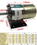12V Micro Gear Motor with 37mm Diameter Gearbox and Mounting Bracket, front view with size dimensions and specifications chart