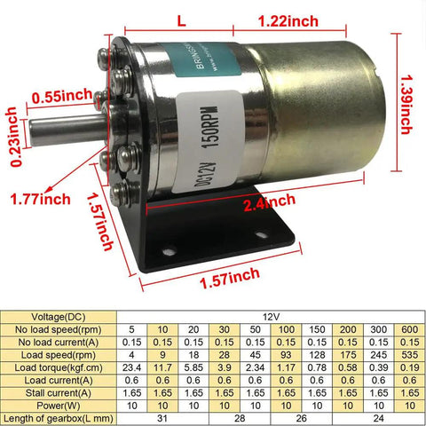 12V Micro Gear Motor with 37mm Diameter Gearbox and Mounting Bracket, front view with size dimensions and specifications chart