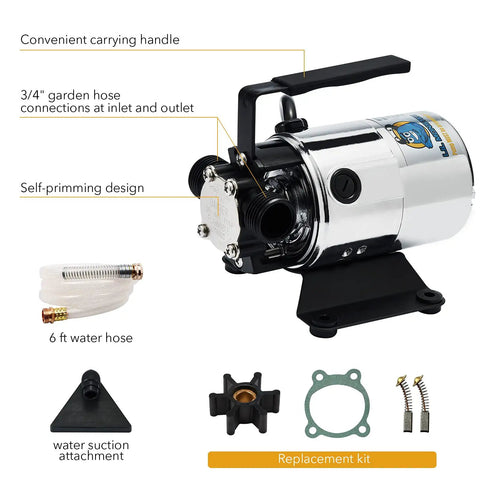 Self Priming Portable Electric Water Transfer Pump 115V 330GPH With Suction Hose Kit, Handy Utility Pump, parts displayed
