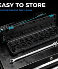 16.5 Inch Long Flex Head Nano Ratchet Wrench With 19 Piece Three Eighths Inch Drive Nano Impact Socket Set Includes 6mm To 24mm Metric Sockets Low Profile CrMo Sockets For Tight Spaces And Quick Fastening, open case with 17mm wrench