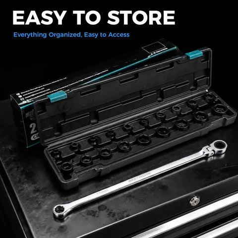 16.5 Inch Long Flex Head Nano Ratchet Wrench With 19 Piece Three Eighths Inch Drive Nano Impact Socket Set Includes 6mm To 24mm Metric Sockets Low Profile CrMo Sockets For Tight Spaces And Quick Fastening, open case with 17mm wrench