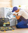 Worker using 158-Piece Socket Wrench Auto Repair Tool Set With Toolbox Storage Case near washing machine repair scene