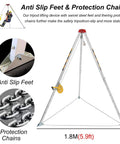 Heavy Duty Pulley Hoist Aluminum Rescue Tripod with anti-slip feet, protection chains, and winch for emergency rescue in confined spaces.