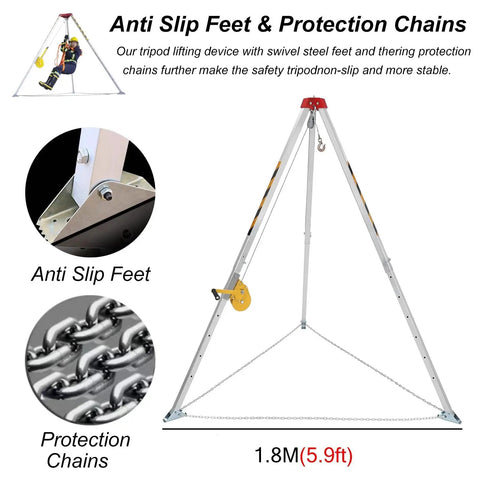 Heavy Duty Pulley Hoist Aluminum Rescue Tripod with anti-slip feet, protection chains, and winch for emergency rescue in confined spaces.