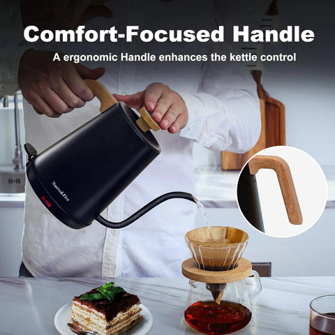 Person using Gooseneck Electric Kettle With Built-In Thermometer, 1L Stainless Steel, 1000W Fast Boil, Auto Shut-Off, Pour Over Kettle For Coffee