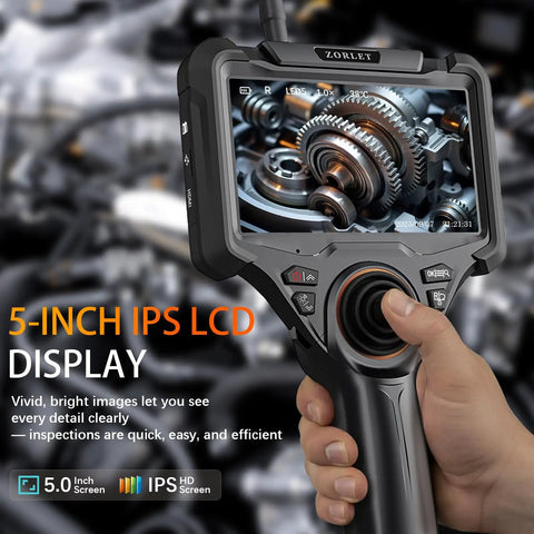Dual Lens 360 Degree Borescope With Light, 5 Inch HD Monitor, 4 Way Joystick Inspection Camera, Pro Grade Slim 0.25 Inch Probe, 5 Ft SemiRigid Industrial Endoscope For Automotive Maintenance And Mechanical Diagnostics. 5-inch IPS display with gear inspection