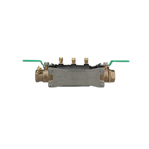 Heavy Duty 1-1/2 Inch 350XL Double Check Backflow Preventer With Plug And Play Top Mounted Test Cocks Ezswap Vessel And No Fuss Flush Setup For Built Rugged Job Sites, bronze body with test cocks.
