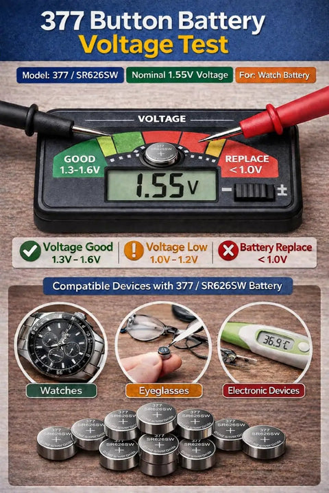 377 Button Battery voltage test displaying 1.55V for 10 Pack Sr626sw And 377 Watch Batteries 1.55V Silver Oxide Button Cells.
