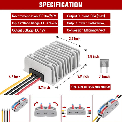 48V 36V To 12V Voltage Converter 360W 30A Regulator Step Down To 12V DC Waterproof And Dustproof Aluminum Shell specifications