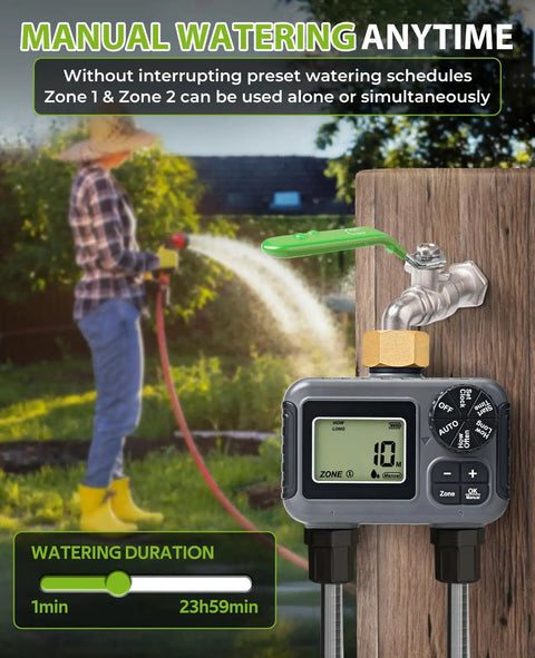 2 Zone Sprinkler Timer For Garden Hose With Programmable Scheduling Automatic Irrigation System for yard and lawn, brass connector