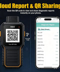 No Sweat OBD2 Diagnostic Scanner Tool That Resets Engine Trouble Codes Fast Reads Freeze Frame Data And Emissions Readiness displaying QR code for cloud report sharing.