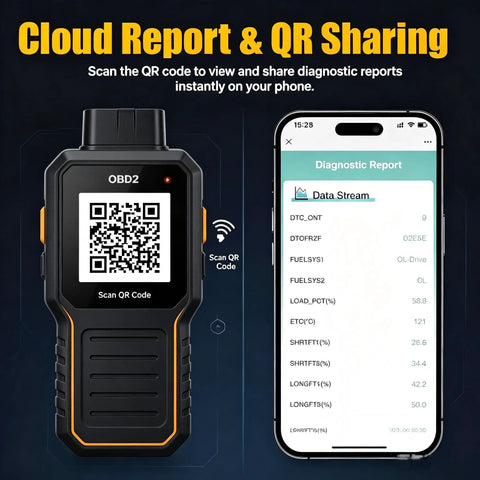No Sweat OBD2 Diagnostic Scanner Tool That Resets Engine Trouble Codes Fast Reads Freeze Frame Data And Emissions Readiness displaying QR code for cloud report sharing.