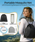 Woman wearing Pop Up Mosquito Net Bed Tent with Head Net and Drawstring Backpack, portable for camping and travel.