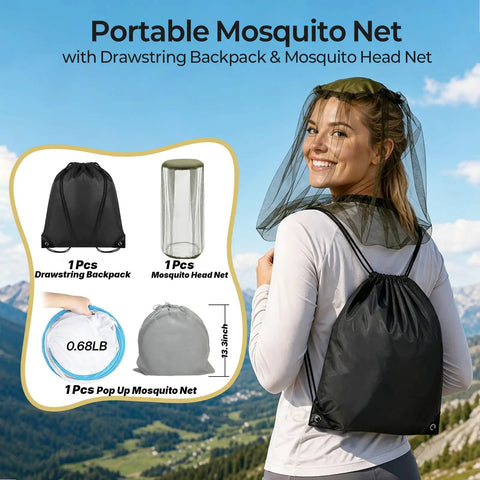Woman wearing Pop Up Mosquito Net Bed Tent with Head Net and Drawstring Backpack, portable for camping and travel.