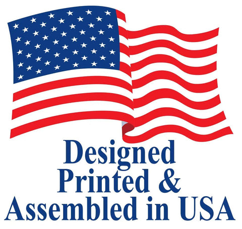 American flag with text "Designed Printed & Assembled in USA" below.