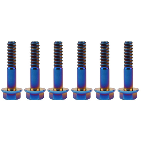 Six burn-blue titanium M8x40mm external hex flange bolts, pack of 6.