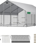 Large Walk In Chicken Coop With Solar Light And Outdoor Metal Poultry Cage With Run And Hardware Cloth Built Tough Waterproof And UV Resistant Hen House For Farm And Backyard, shown with assembly accessories and solar light.