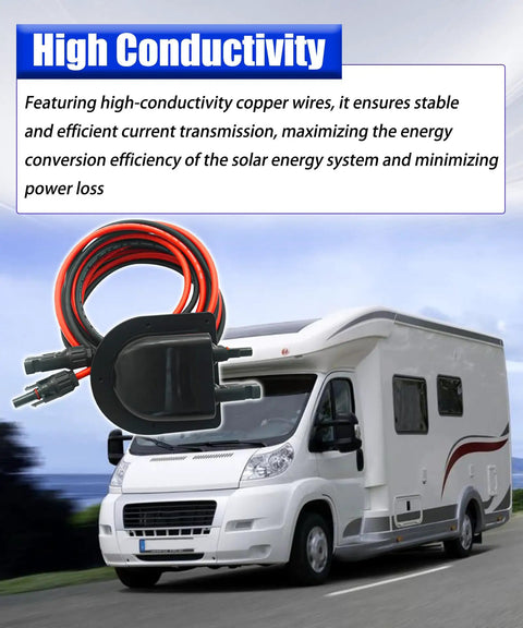 10 Ft Solar Cable Entry Gland With 10AWG Solar Extension Cable MC4 Connectors installed on RV roof, durable weatherproof build