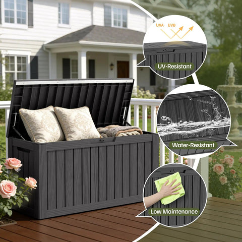 90 Gallon Waterproof Deck Box With Lockable Lid For Patio Storage Cushions Pool Gear Garden Tools And Packages Weatherproof Resin Outdoor Storage Bench shown opened on a porch with cushions inside