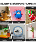 Collage of various objects made with Premium PETG 3D Printer Filament 1.75mm 2kg For Ender Series, including toys and gifts.